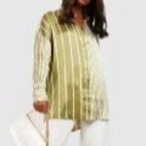 Boohoo Womens Plus Size 22 Green White Striped Button Up Long Sleeve Shirt India